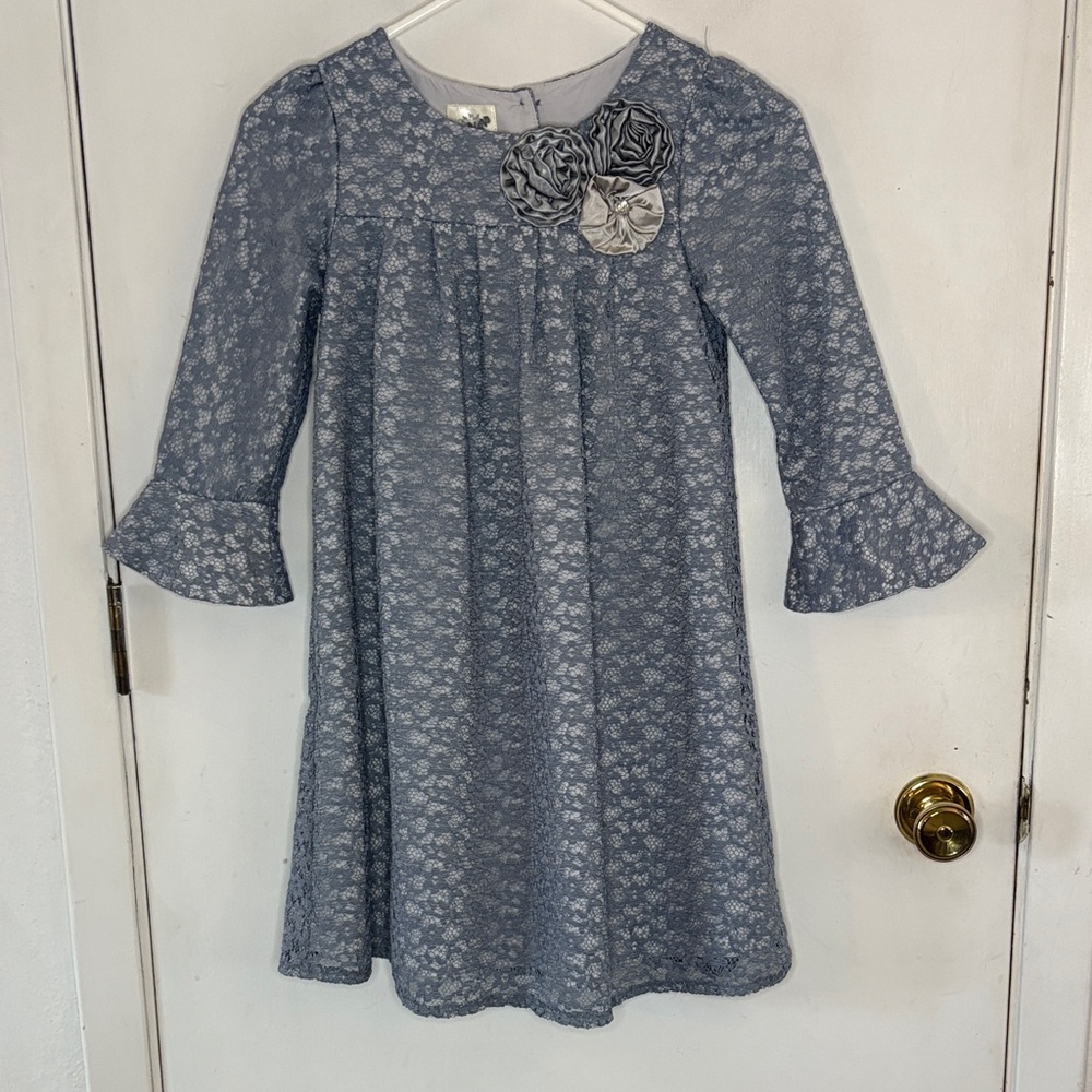 Laura Ashley Dusty blue long sleeve lace dress satin roses trim Size 10